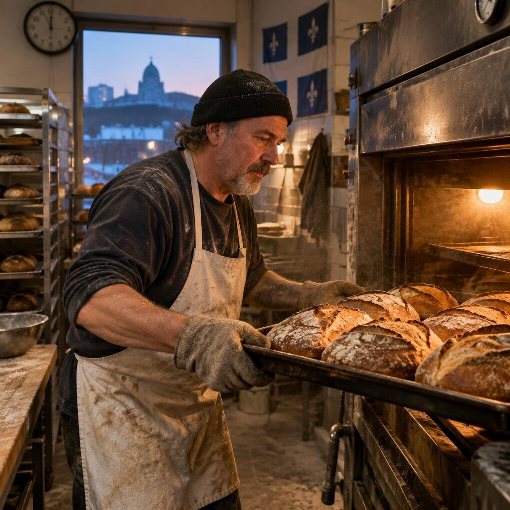 Baker pulling fresh bread from an oven early morning