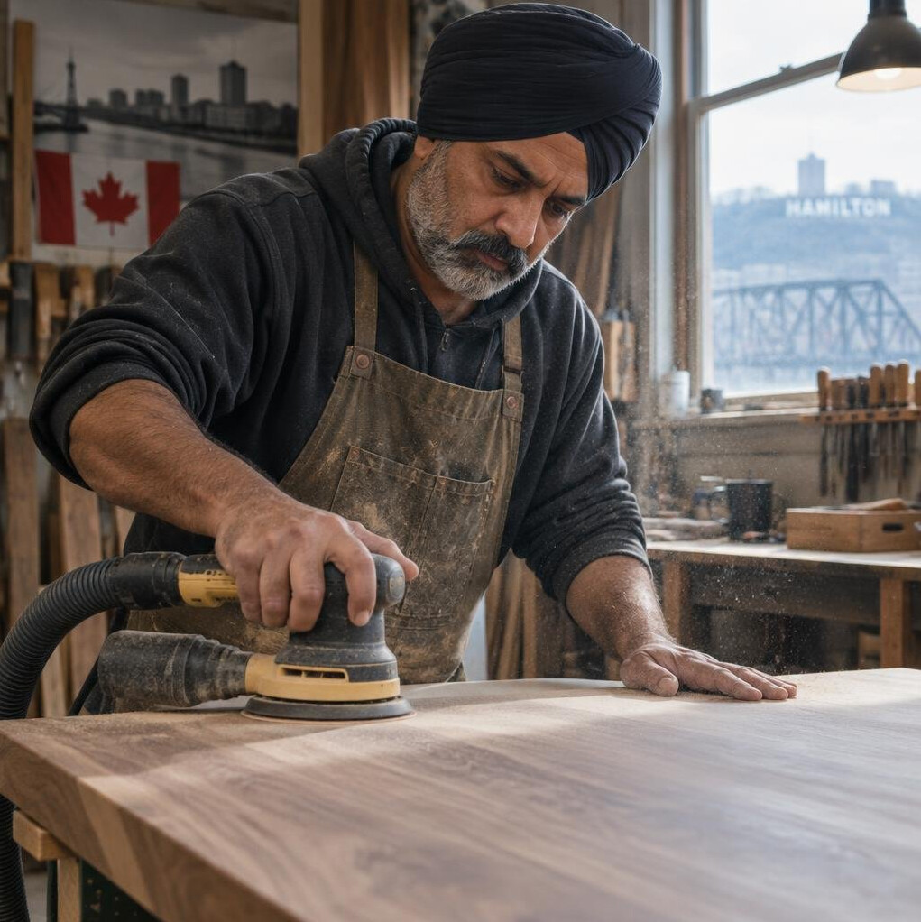 Woodworker sanding a wooden table in a small workshop