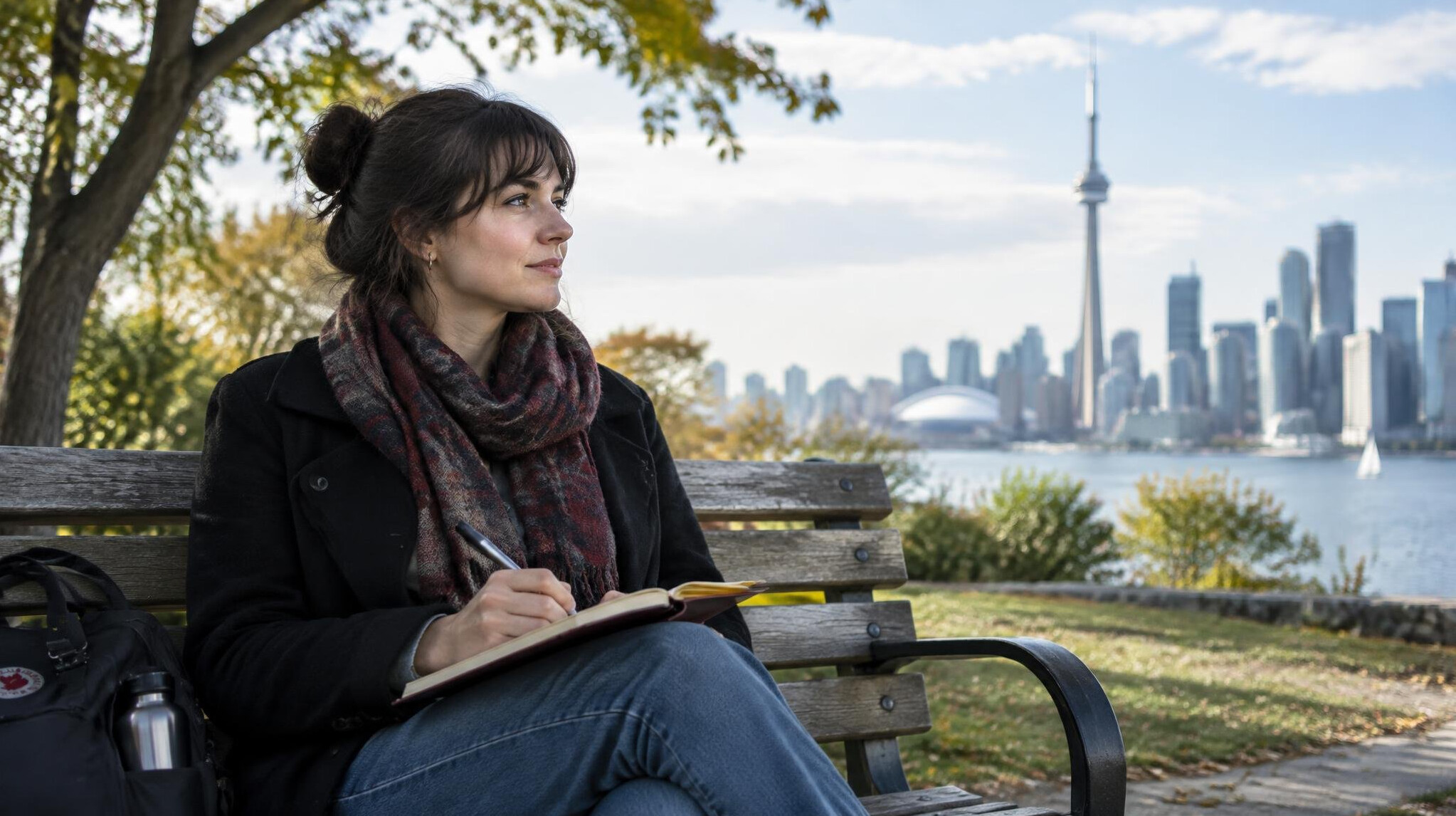 Writer taking notes in a city park