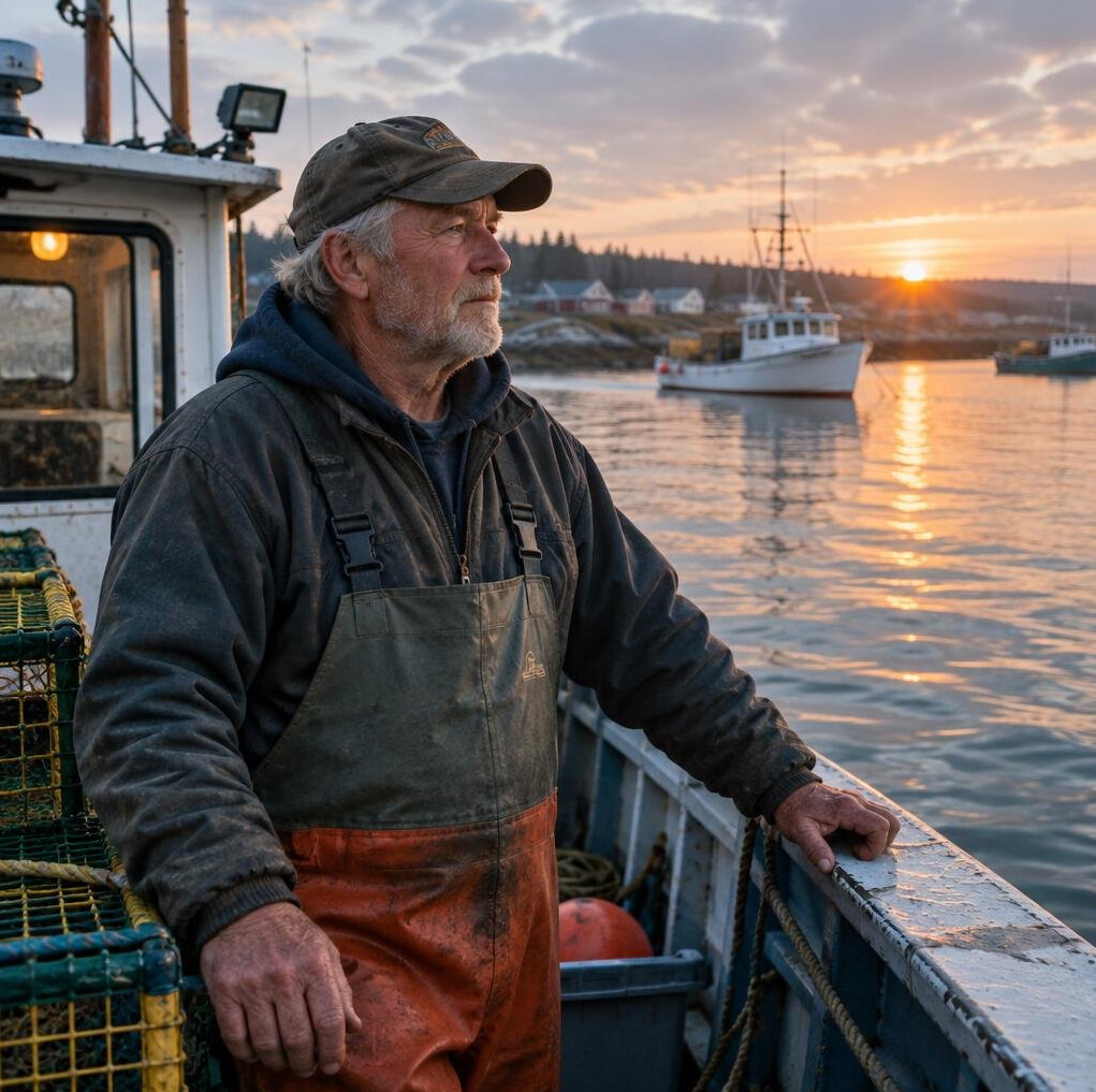 Older fisherman standing on his boat at harbour