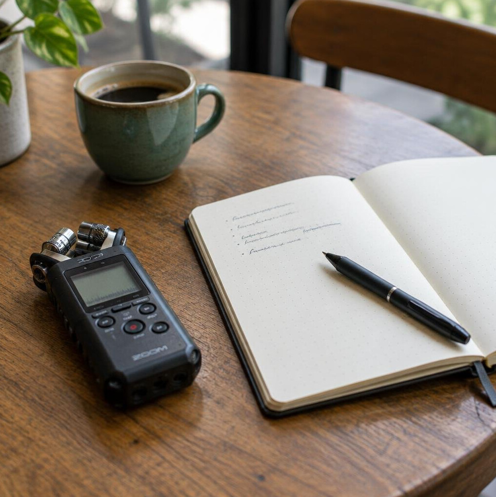 Microphone and notebook set up for an interview