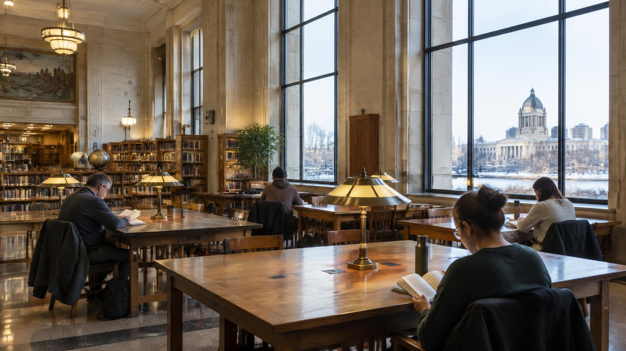 Reading room in a public library with tall windows