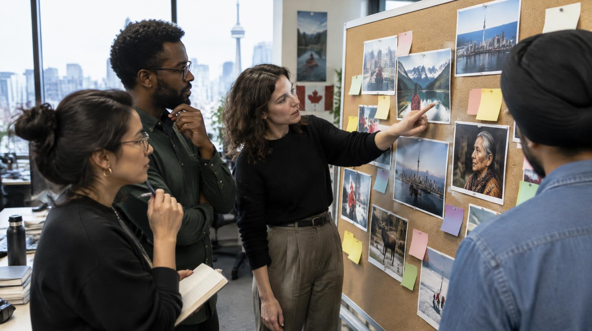 Editorial team discussing a story board