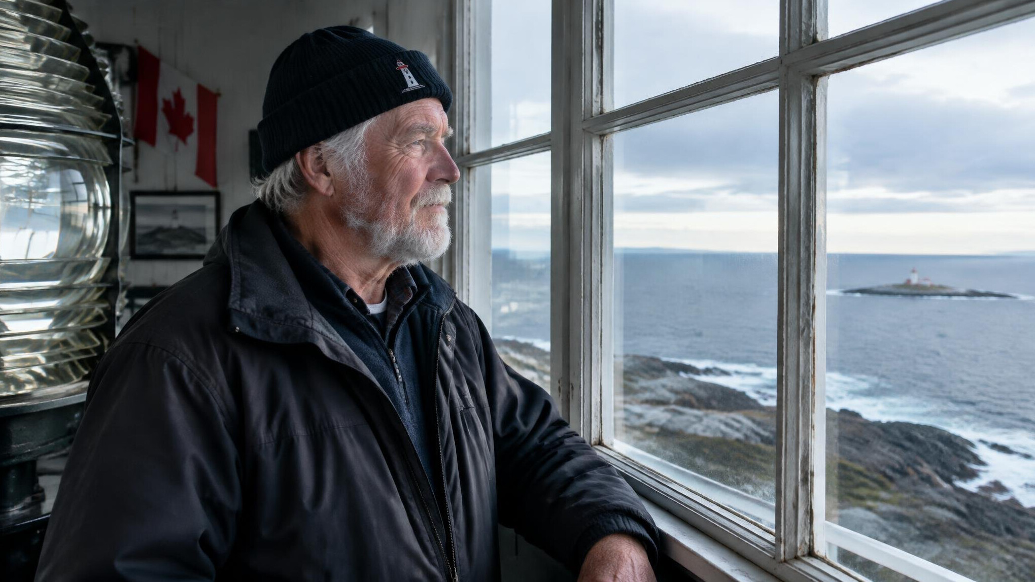 Elderly lighthouse keeper standing by a lighthouse window