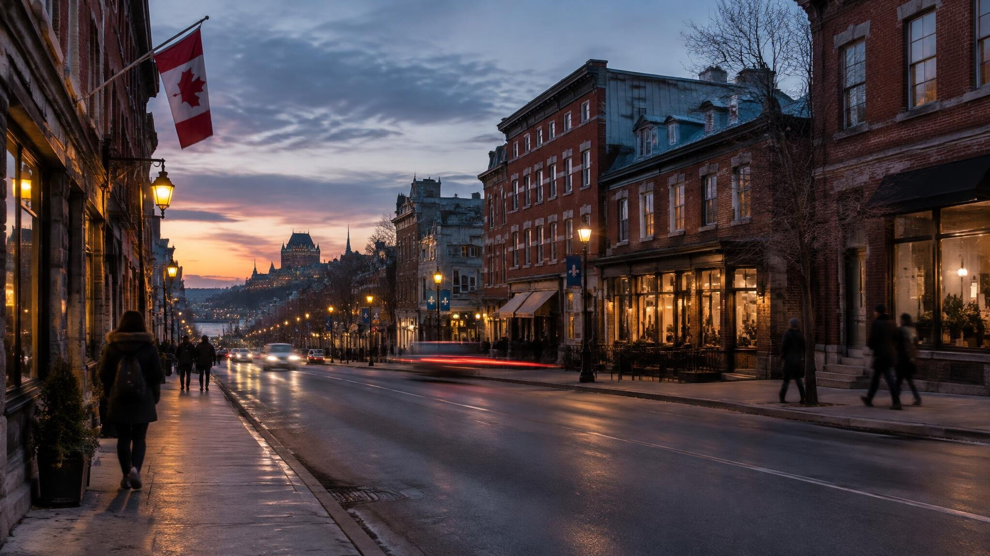 Quiet city street lined with older buildings at dusk