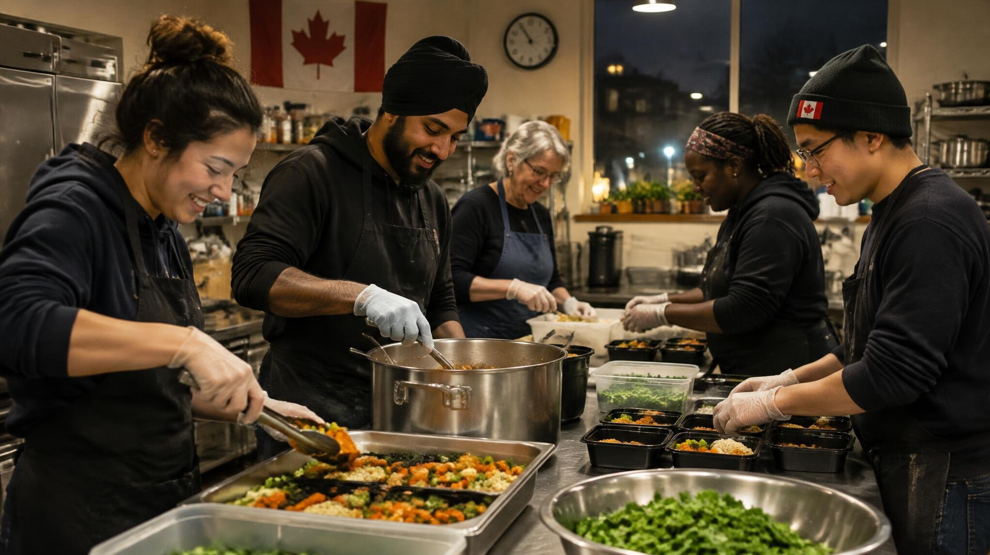 Volunteers preparing meals in a community kitchen at night