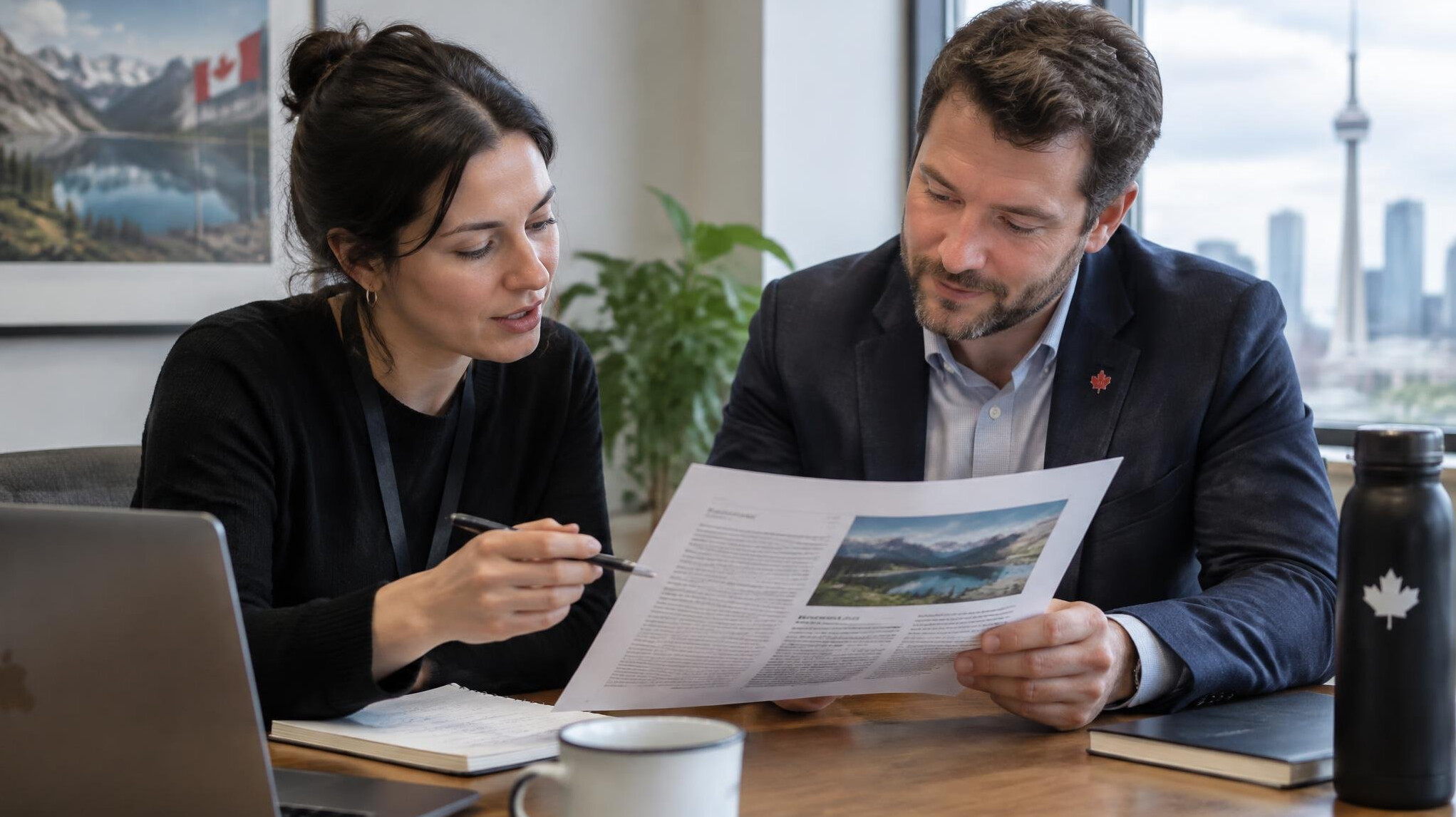 Two people reviewing a printed article draft
