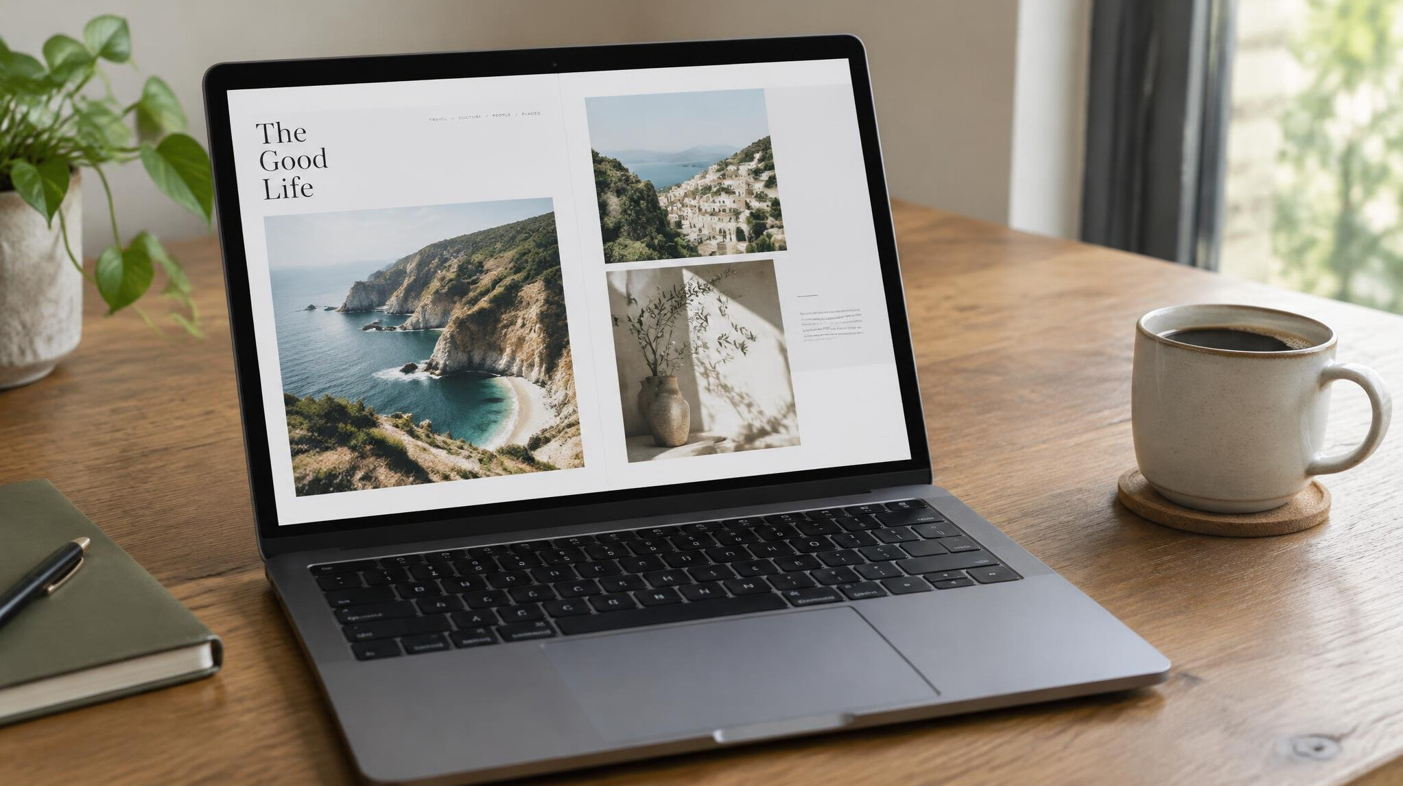 Laptop with a magazine layout open on the screen