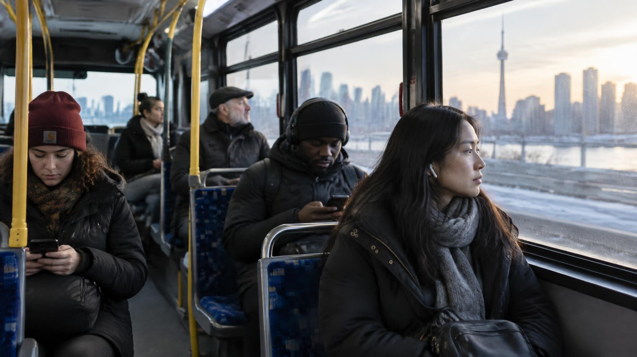 Passengers riding a city bus in early morning light