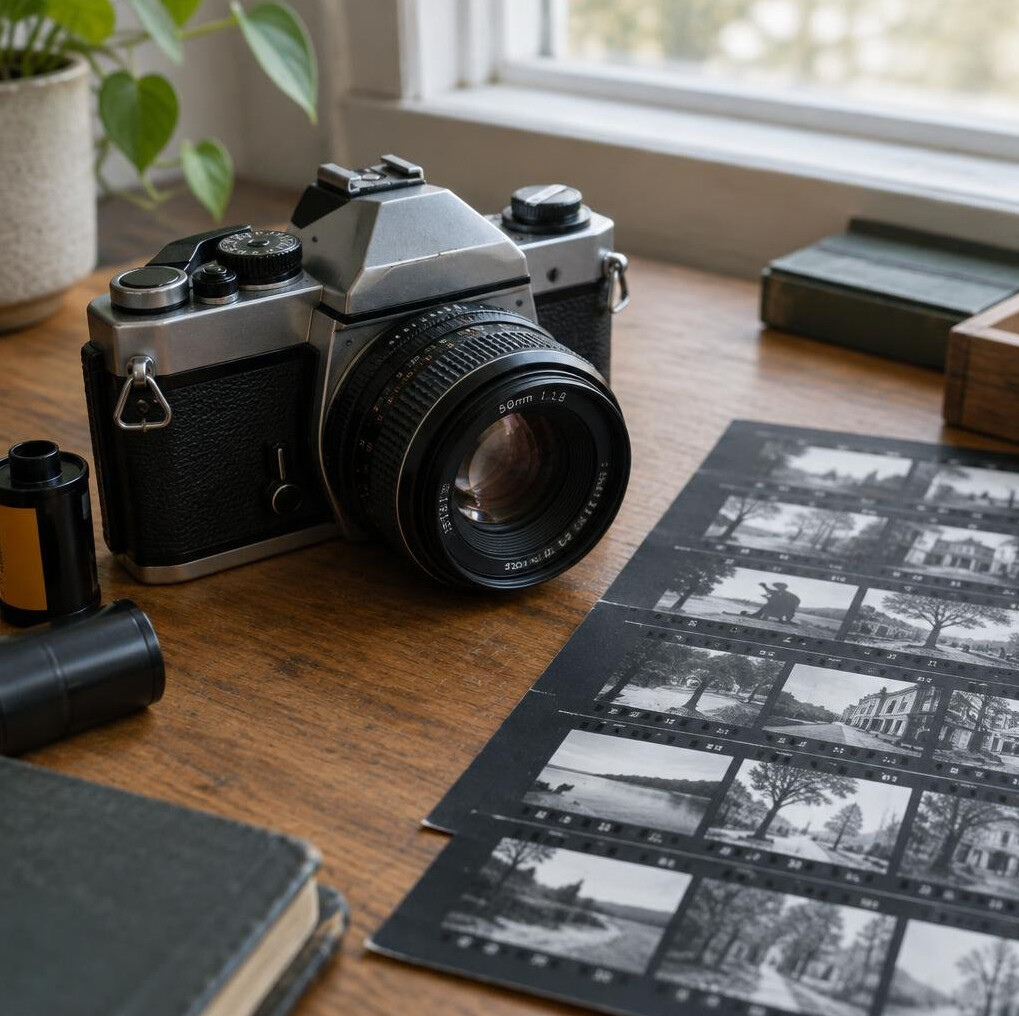 Vintage film camera resting on a desk