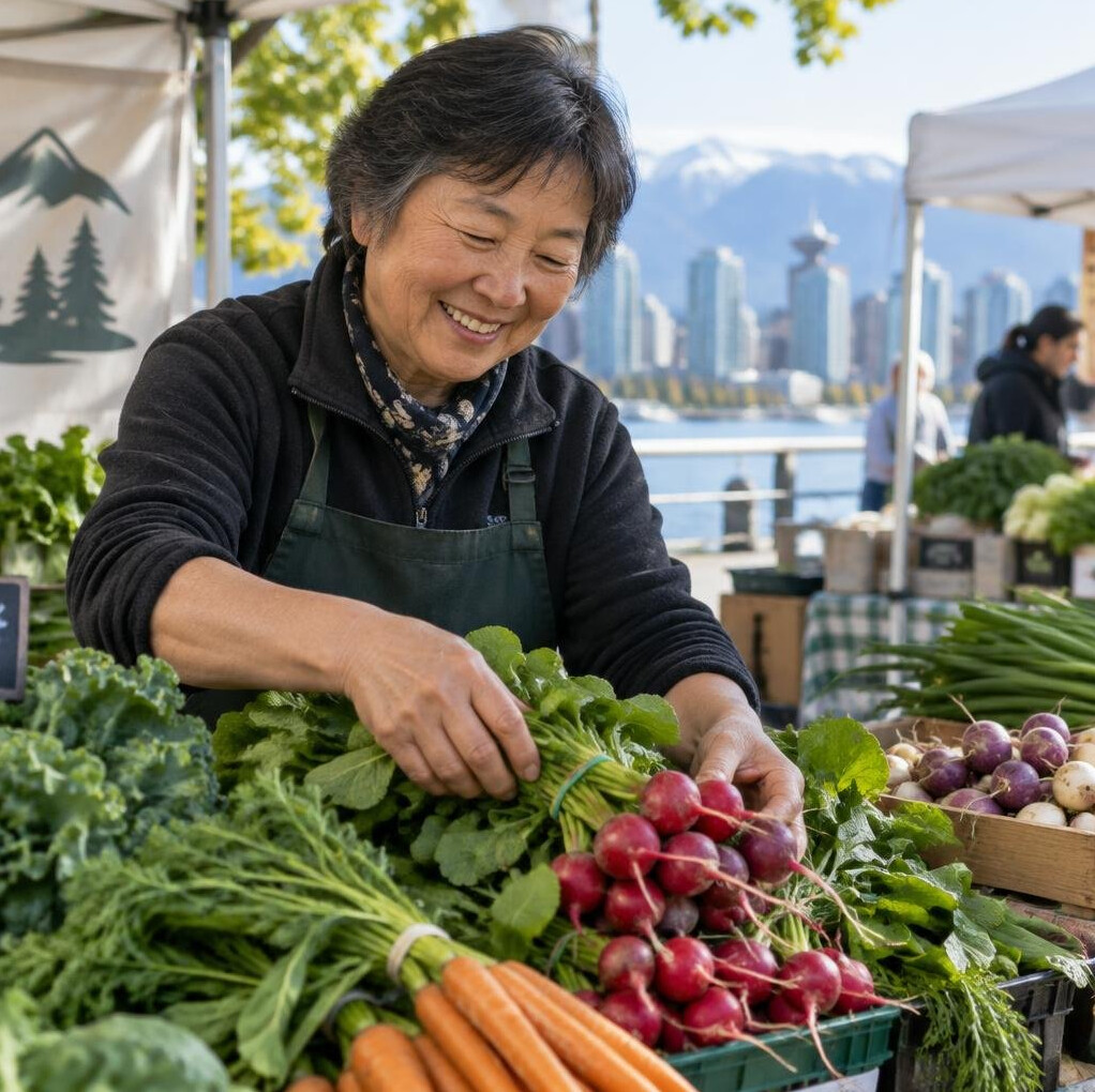 Vendor arranging fresh produce at a farmers market stall
